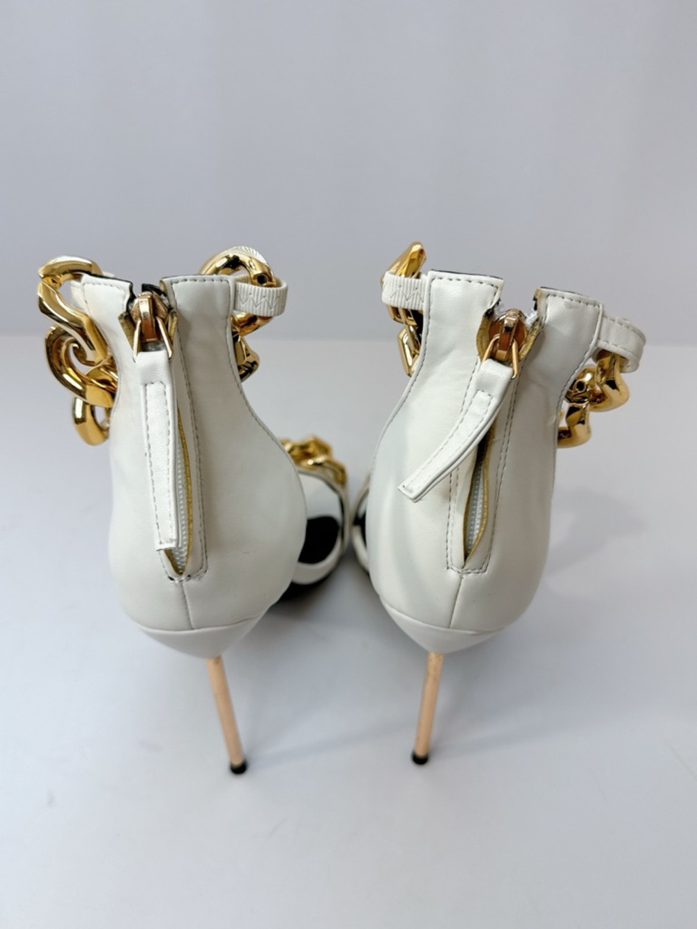 Size 7 White Gold Chain Stiletto Heels Women’s Square Toe Ankle Strap Pumps - Picture 4 of 11